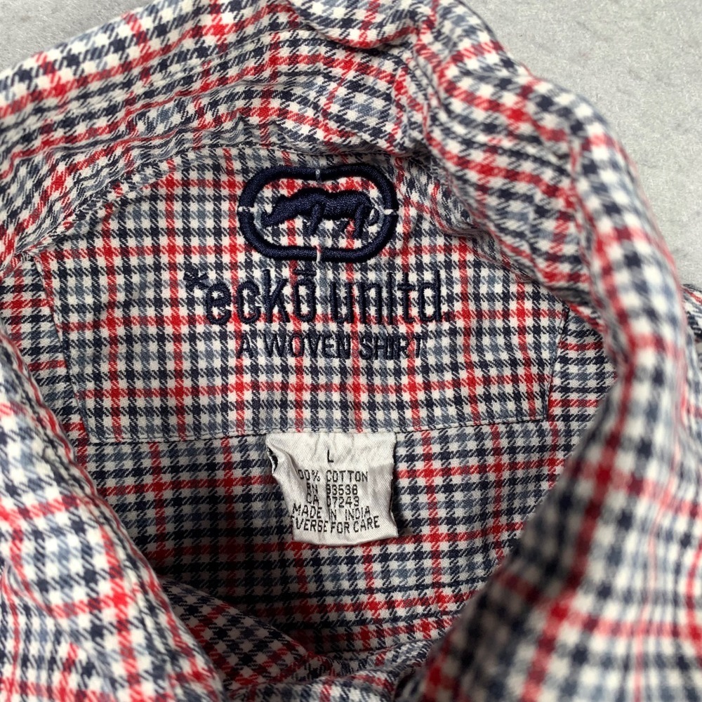 Y2K Ecko Unltd Button Down Shirt Mens L Red White Blue Check Short Sleeve - Picture 3 of 11